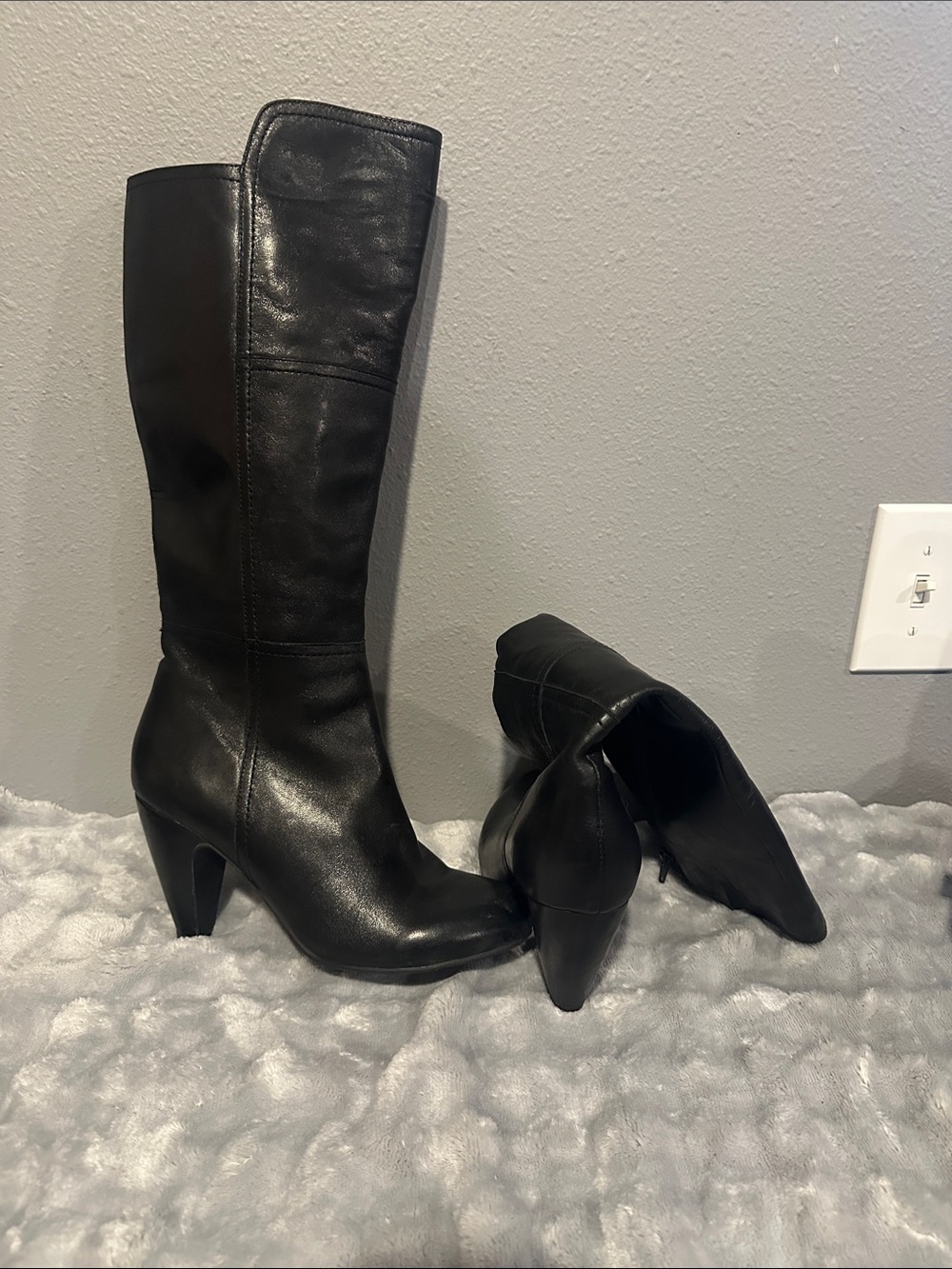 Miz Mooz Flynn Black Leather Knee-High Heeled Boots